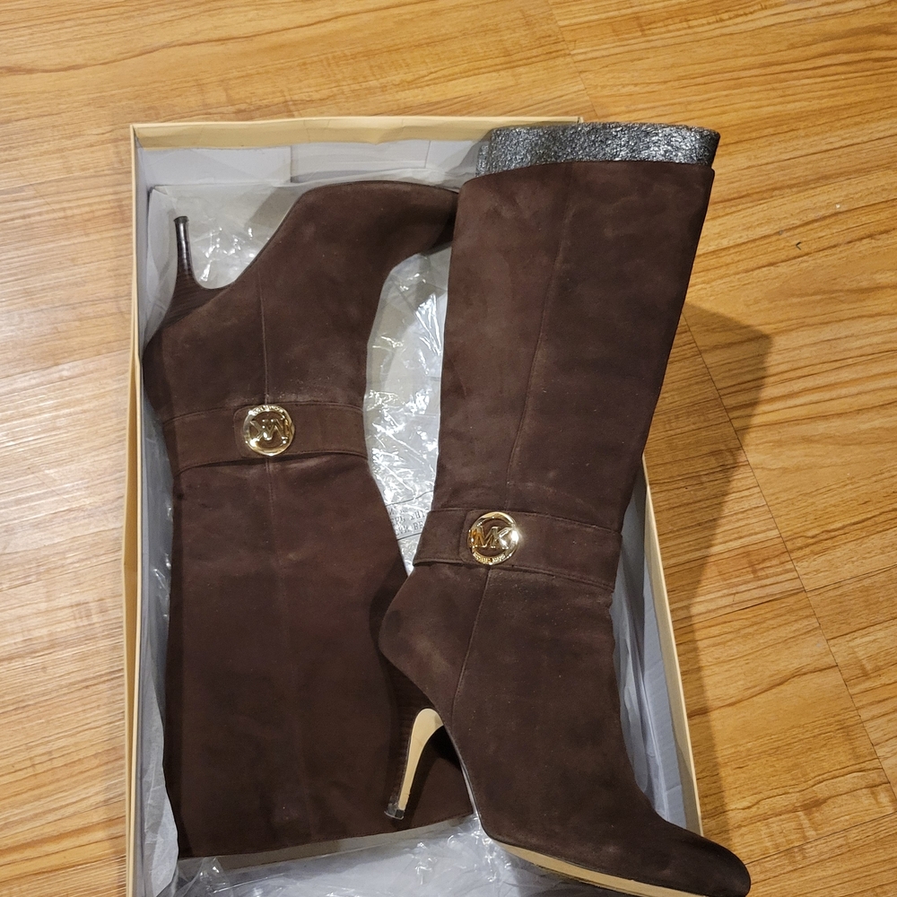 MICHAEL Michael Kors Chocolate Heeled Seude Boots with Gold Detail